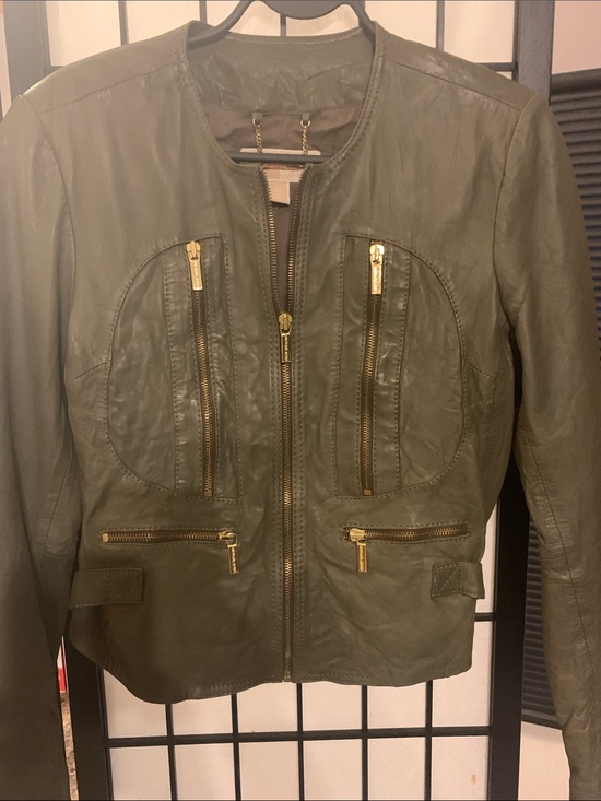 Michael Kors Jackets & Blazers - Michael Kors Olive Green Leather Zip Jacket with Gold Hardware